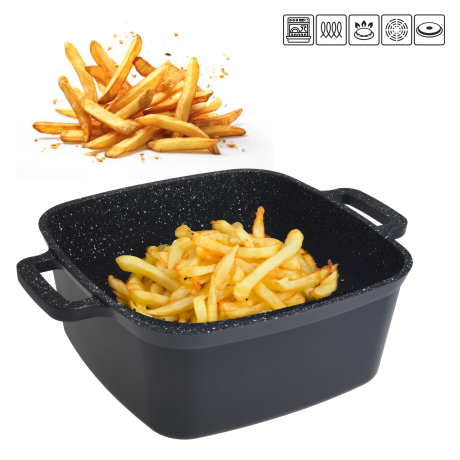 Кастрюля-фритюр 24см из литого алюминия с антипригарным покрытием Black Marble и стеклянной крышкой Kamille 4218