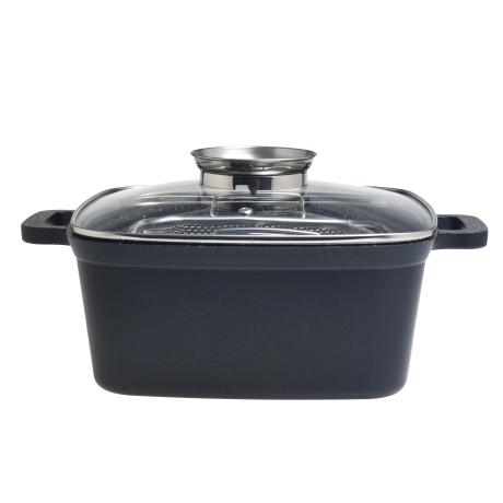 Кастрюля-фритюр 24см из литого алюминия с антипригарным покрытием Black Marble и стеклянной крышкой Kamille 4218