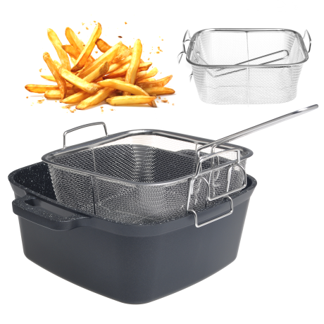 Кастрюля-фритюр 24см из литого алюминия с антипригарным покрытием Black Marble и стеклянной крышкой Kamille 4218