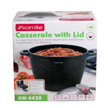 Кастрюля 28*20см из литого алюминия с антипригарным покрытием "гранит" и стеклянной крышкой Kamille 4428