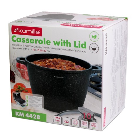 Кастрюля 28*20см из литого алюминия с антипригарным покрытием "гранит" и стеклянной крышкой Kamille 4428