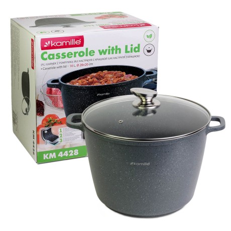 Кастрюля 28*20см из литого алюминия с антипригарным покрытием "гранит" и стеклянной крышкой Kamille 4428