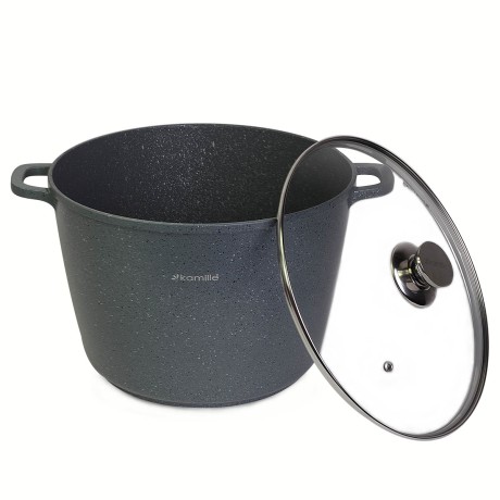 Кастрюля 28*20см из литого алюминия с антипригарным покрытием "гранит" и стеклянной крышкой Kamille 4428