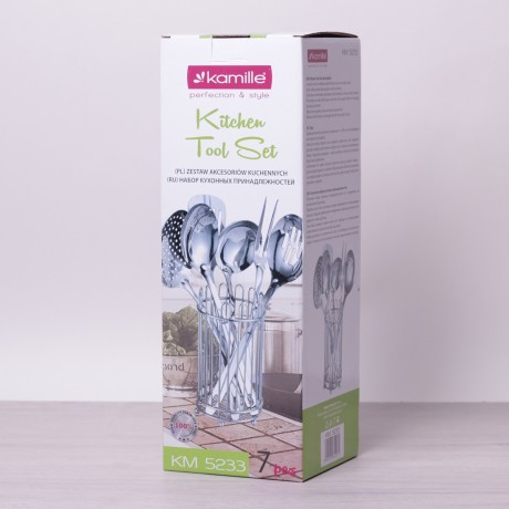Набор кухонных принадлежностей 7 предметов из нержавеющей стали (шумовка, половник, ложка поварская, ложка с отверстиями, лопатка, вилка для мяса, подставка) Kamille 5233
