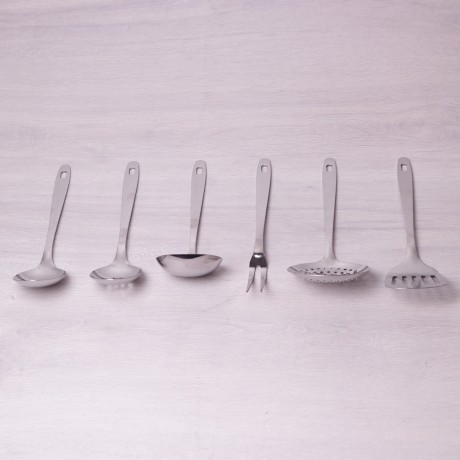 Набор кухонных принадлежностей 7 предметов из нержавеющей стали (шумовка, половник, ложка поварская, ложка с отверстиями, лопатка, вилка для мяса, подставка) Kamille 5233