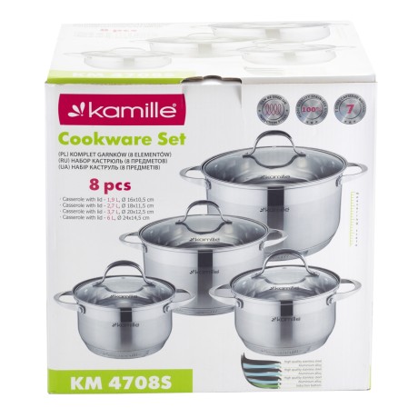 Набор кастрюль 8 предметов (1.8л, 2.3л, 3.3л, 5.8л; 7-слойное дно) из нержавеющей стали Kamille 4708S