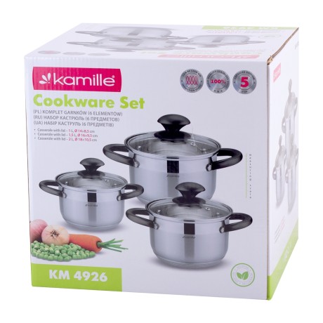 Набор кастрюль 6 предметов (1л, 1,5л, 2л; полые черные ручки) из нержавеющей стали Kamille 4926