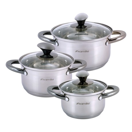 Набор кастрюль 6 предметов (1л, 1,5л, 2л; полые черные ручки) из нержавеющей стали Kamille 4926