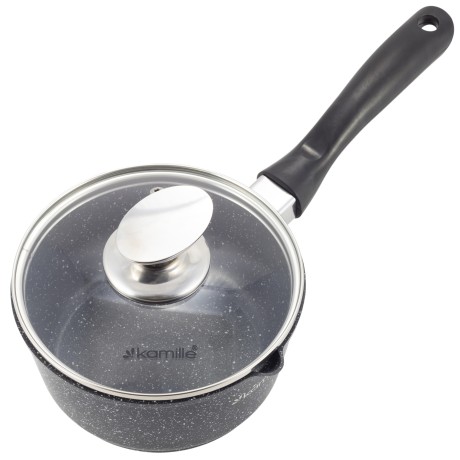 Ковш 16*8cm. из литого алюминия с антипригарным покрытием "чёрный мрамор" и стеклянной крышкой Kamille 4436