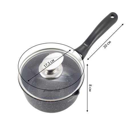 Ковш 16*8cm. из литого алюминия с антипригарным покрытием "чёрный мрамор" и стеклянной крышкой Kamille 4436