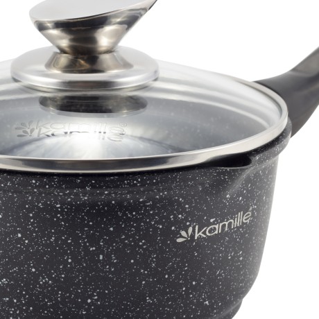 Ковш 16*8cm. из литого алюминия с антипригарным покрытием "чёрный мрамор" и стеклянной крышкой Kamille 4436