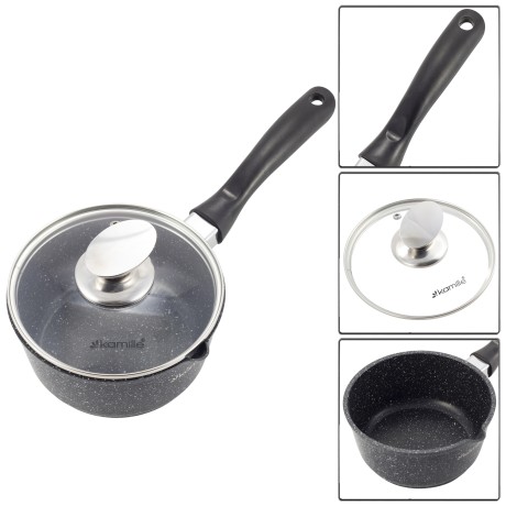 Ковш 16*8cm. из литого алюминия с антипригарным покрытием "чёрный мрамор" и стеклянной крышкой Kamille 4436