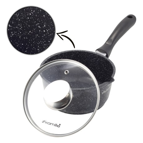 Ковш 16*8cm. из литого алюминия с антипригарным покрытием "чёрный мрамор" и стеклянной крышкой Kamille 4436