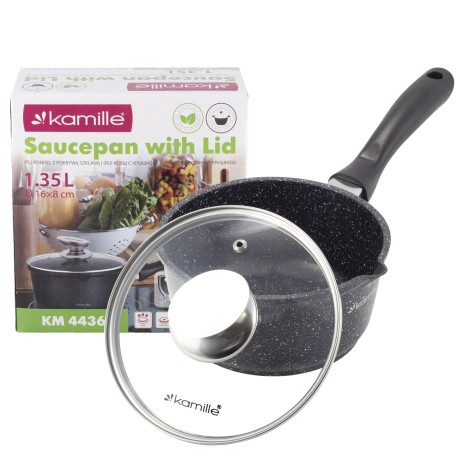 Ковш 16*8cm. из литого алюминия с антипригарным покрытием "чёрный мрамор" и стеклянной крышкой Kamille 4436