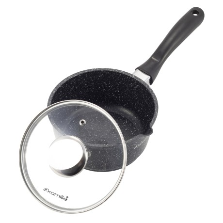 Ковш 16*8cm. из литого алюминия с антипригарным покрытием "чёрный мрамор" и стеклянной крышкой Kamille 4436