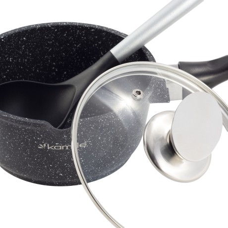 Ковш 16*8cm. из литого алюминия с антипригарным покрытием "чёрный мрамор" и стеклянной крышкой Kamille 4436