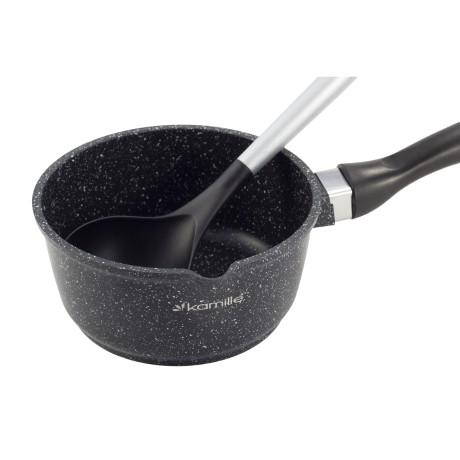 Ковш 16*8cm. из литого алюминия с антипригарным покрытием "чёрный мрамор" и стеклянной крышкой Kamille 4436