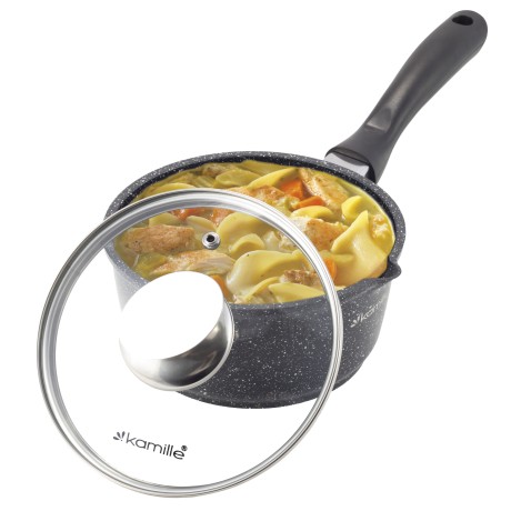 Ковш 16*8cm. из литого алюминия с антипригарным покрытием "чёрный мрамор" и стеклянной крышкой Kamille 4436