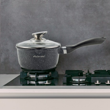 Ковш 16*8cm. из литого алюминия с антипригарным покрытием "чёрный мрамор" и стеклянной крышкой Kamille 4436