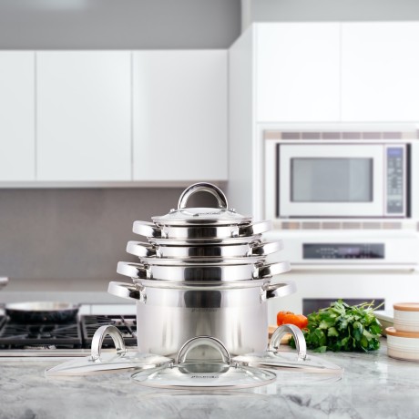 Набор кастрюль 8 предметов (1.0л, 1,8л, 2,5л, 3,8л; полые ручки) из нержавеющей стали Kamille 5637S