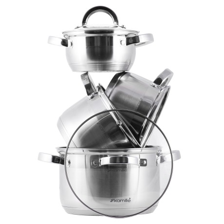 Набор кастрюль 8 предметов (1.0л, 1,8л, 2,5л, 3,8л; полые ручки) из нержавеющей стали Kamille 5637S