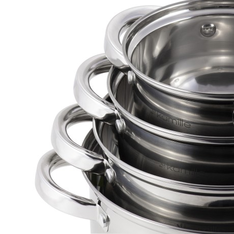Набор кастрюль 8 предметов (1.0л, 1,8л, 2,5л, 3,8л; полые ручки) из нержавеющей стали Kamille 5637S