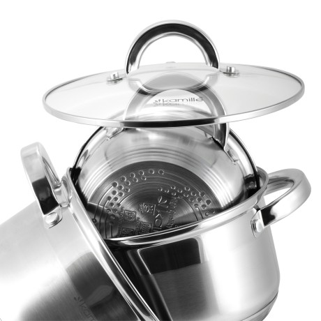 Набор кастрюль 8 предметов (1.0л, 1,8л, 2,5л, 3,8л; полые ручки) из нержавеющей стали Kamille 5637S