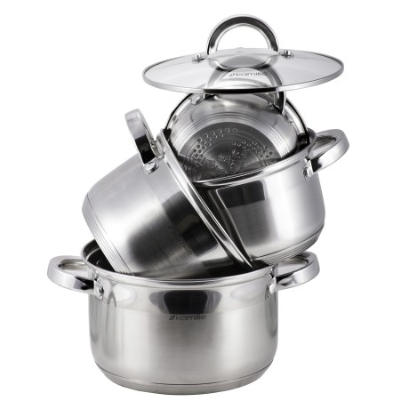 Набор кастрюль 8 предметов (1.0л, 1,8л, 2,5л, 3,8л; полые ручки) из нержавеющей стали Kamille 5637S