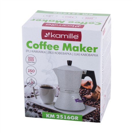Кофеварка гейзерная 150мл (3 порции) из алюминия с широким индукционным дном (серый мрамор) Kamille 2516GR